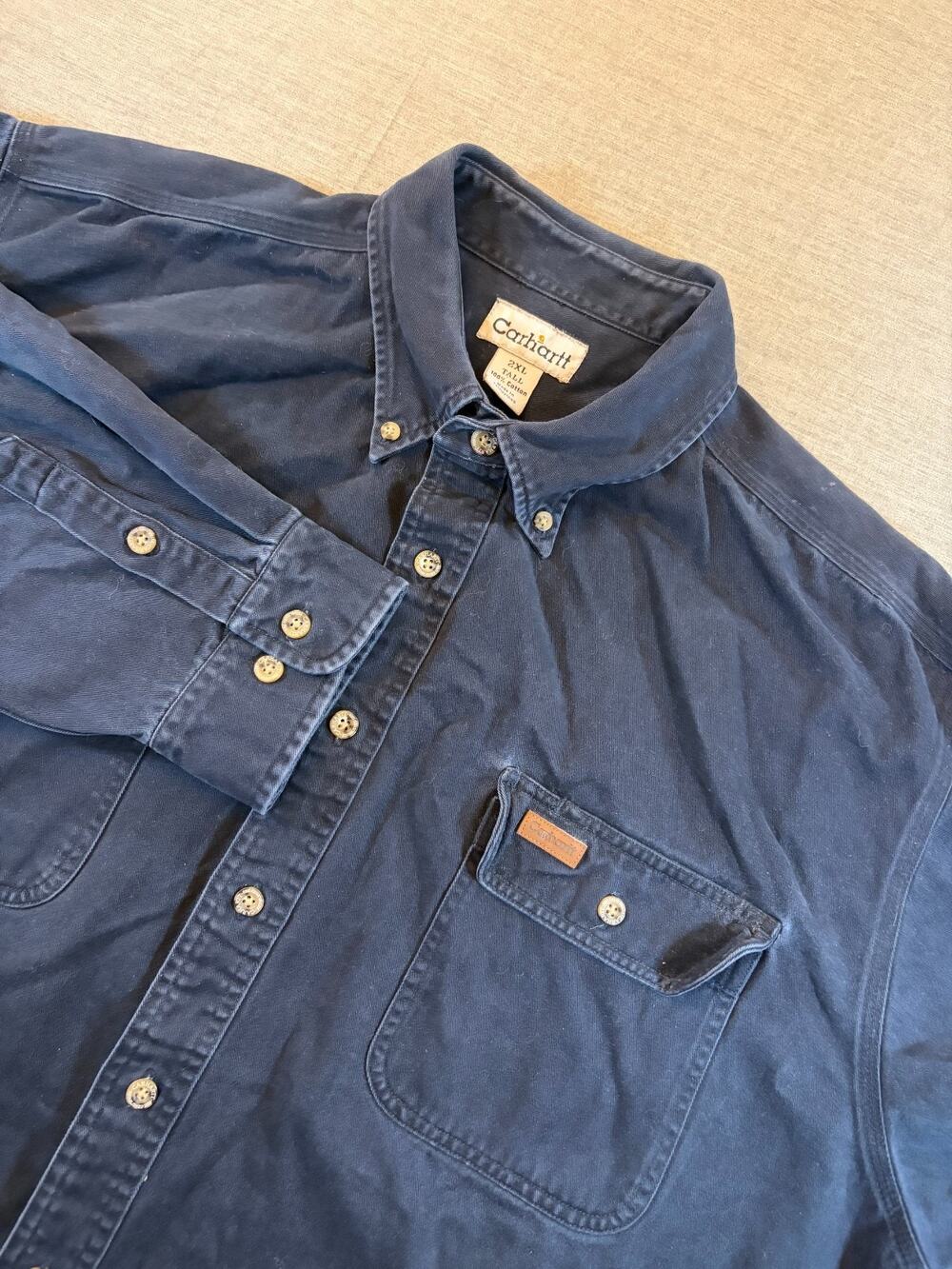 Carhartt Solid Blue Longsleeve Button-Down Cotton Work Shirt XXL Heavyweight